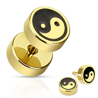16G Pair Of Yin Yang w/ Black Inlay Fake Plug Gold Surgical Steel